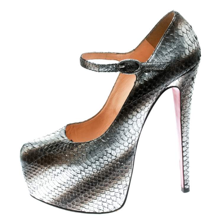 Pre Owned Christian Louboutin Metallic Silver Watersnake Daffodile Platform Pumps Size 38