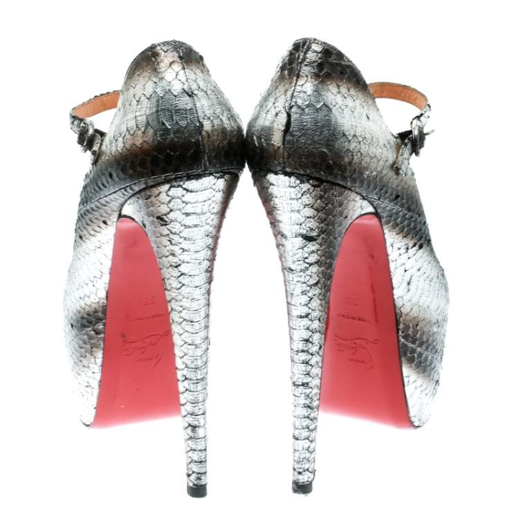 Pre Owned Christian Louboutin Metallic Silver Watersnake Daffodile Platform Pumps Size 38