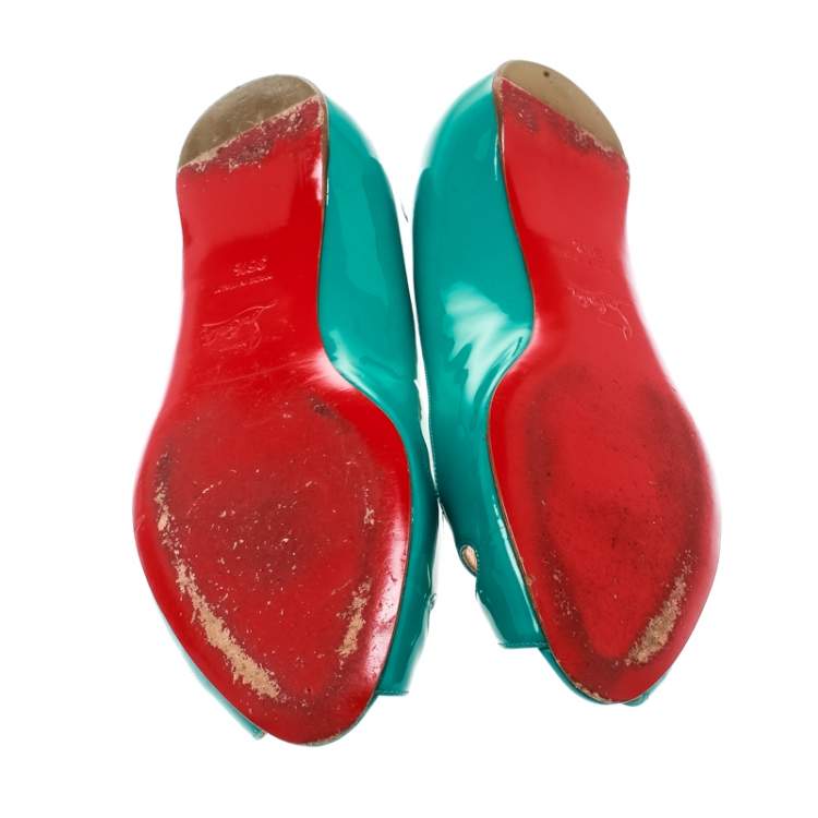 Pre Owned Christian Louboutin Green Patent Leather Un Voilier Peep Toe Flats Size 36.5