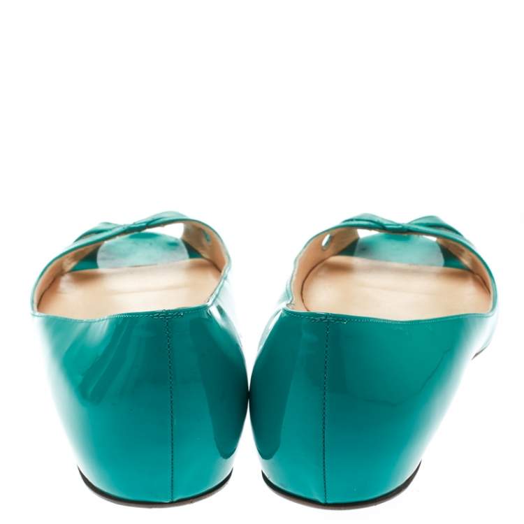 Pre Owned Christian Louboutin Green Patent Leather Un Voilier Peep Toe Flats Size 36.5