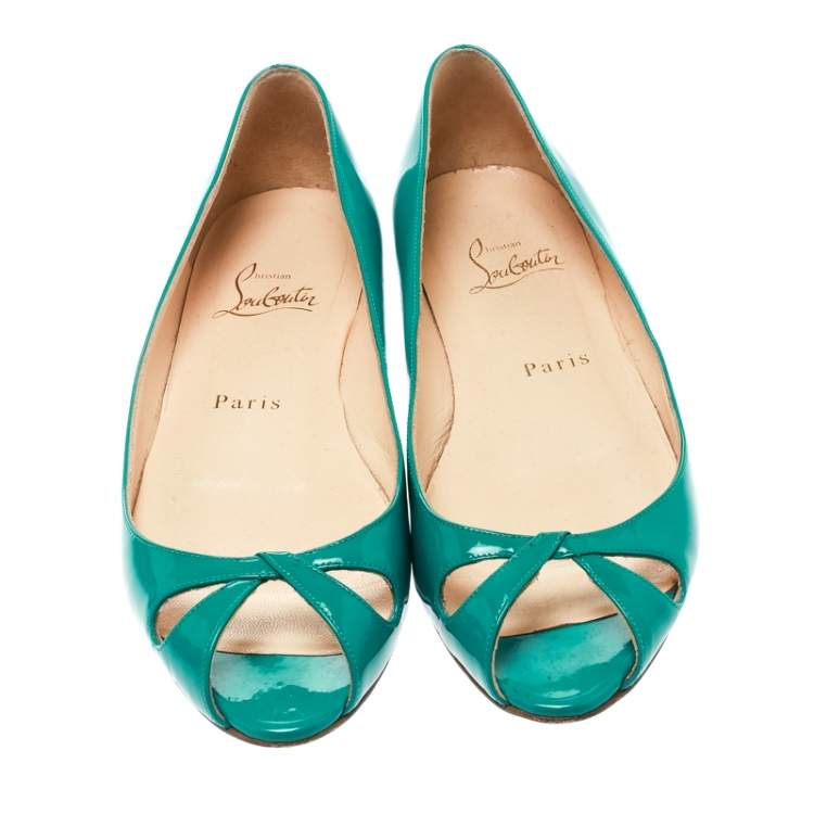 Pre Owned Christian Louboutin Green Patent Leather Un Voilier Peep Toe Flats Size 36.5