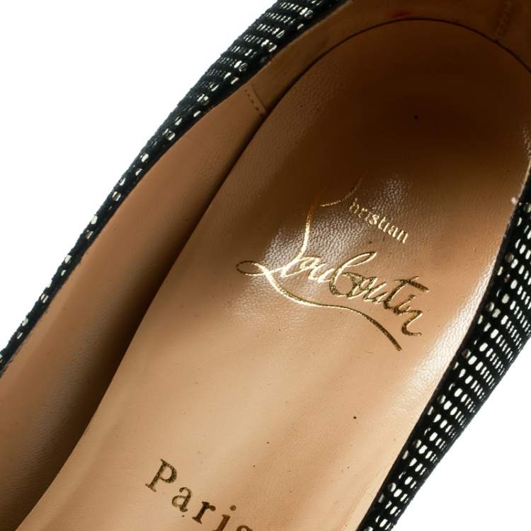 Pre Owned Christian Louboutin Black Suede with Metallic Silver Polka Dots Platform Pumps Size 36