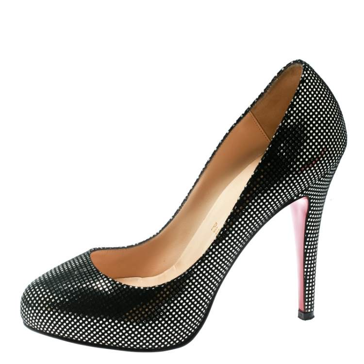 Pre Owned Christian Louboutin Black Suede with Metallic Silver Polka Dots Platform Pumps Size 36
