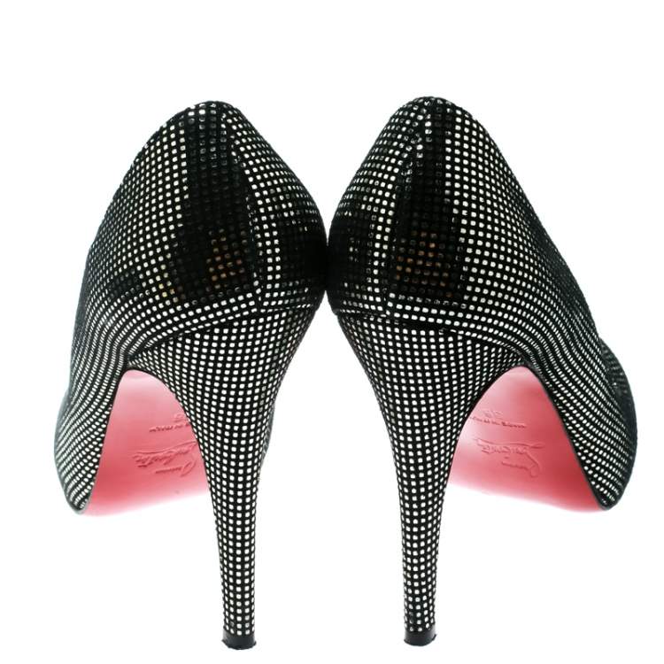 Pre Owned Christian Louboutin Black Suede with Metallic Silver Polka Dots Platform Pumps Size 36