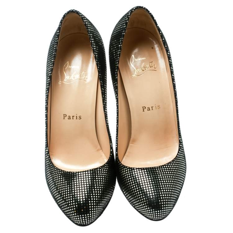 Pre Owned Christian Louboutin Black Suede with Metallic Silver Polka Dots Platform Pumps Size 36