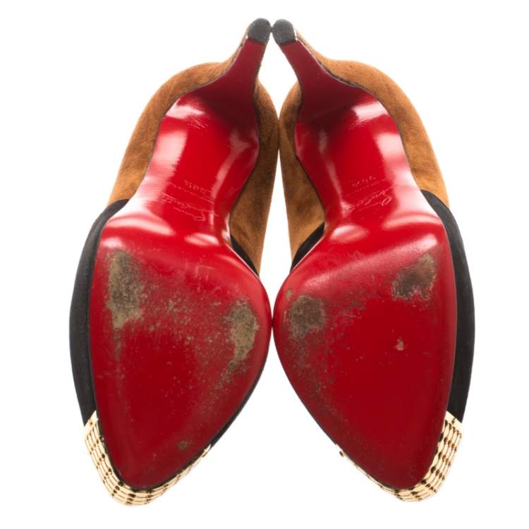 Pre Owned Christian Louboutin Two Tone Suede Maggie Embellished Cap Toe Platform Pumps Size 36.5
