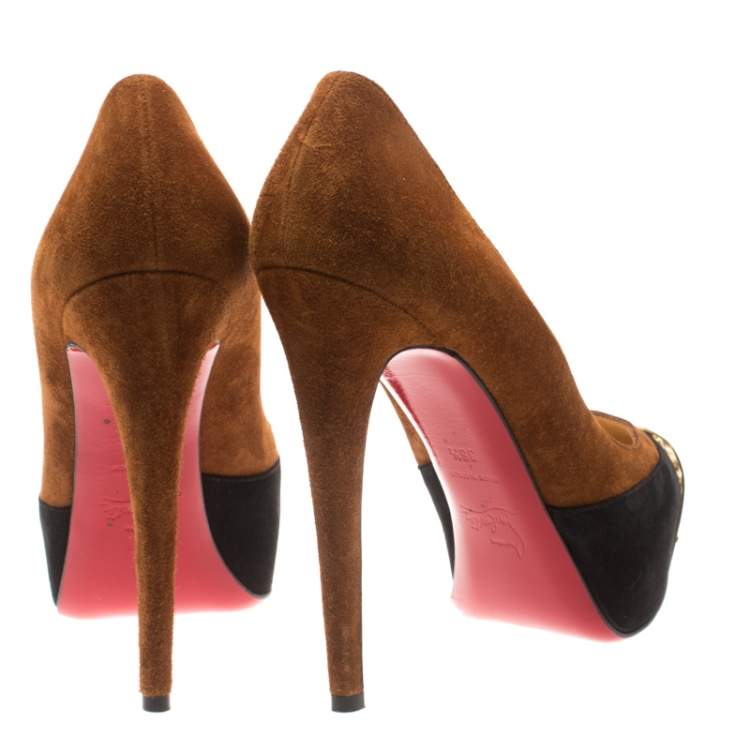 Pre Owned Christian Louboutin Two Tone Suede Maggie Embellished Cap Toe Platform Pumps Size 36.5