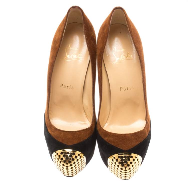 Pre Owned Christian Louboutin Two Tone Suede Maggie Embellished Cap Toe Platform Pumps Size 36.5