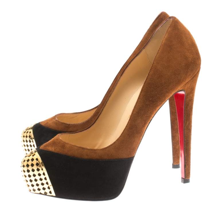 Pre Owned Christian Louboutin Two Tone Suede Maggie Embellished Cap Toe Platform Pumps Size 36.5