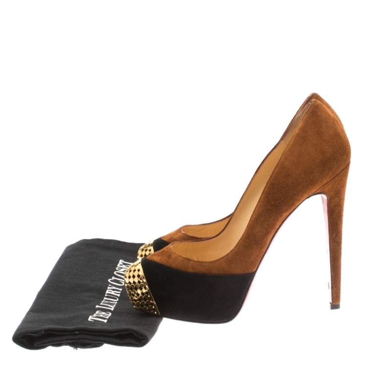 Pre Owned Christian Louboutin Two Tone Suede Maggie Embellished Cap Toe Platform Pumps Size 36.5