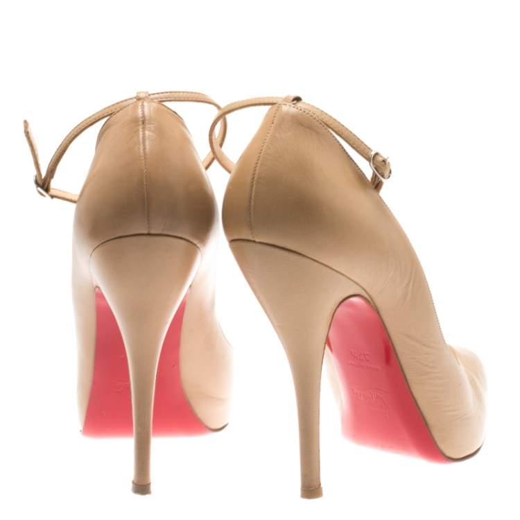 Pre Owned Christian Louboutin Beige Patent Leather Ankle Strap Platform Pumps Size 37.5