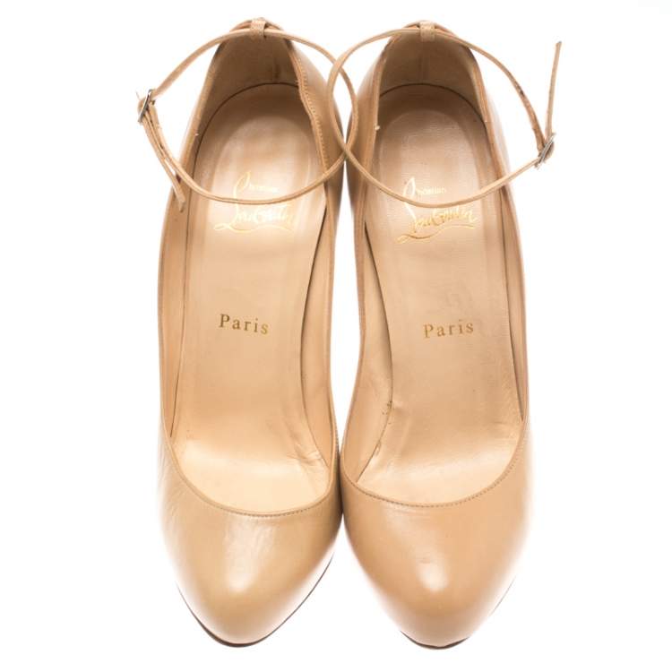 Pre Owned Christian Louboutin Beige Patent Leather Ankle Strap Platform Pumps Size 37.5