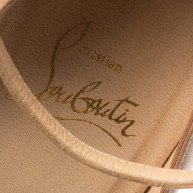 Pre Owned Christian Louboutin Beige Patent Leather Ankle Strap Platform Pumps Size 37.5