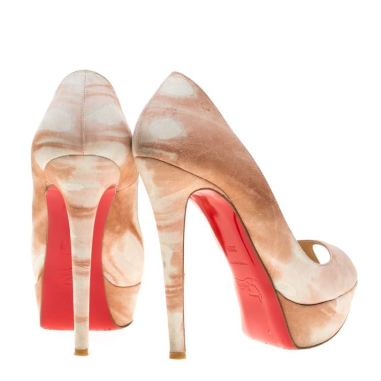 Pre Owned Christian Louboutin Beige/White Leather Lady Peep Toe Pumps Size 36.5