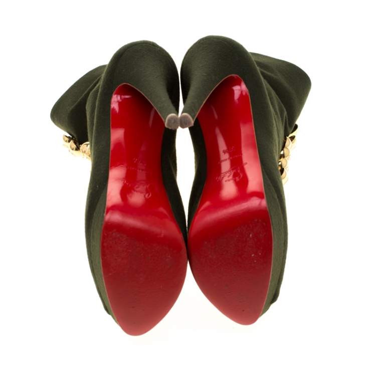 Pre Owned Christian Louboutin Green Fabric Peep Toe Platform Ankle Boots Size 37.5
