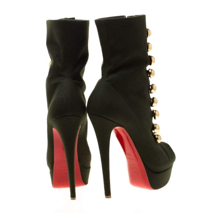 Pre Owned Christian Louboutin Green Fabric Peep Toe Platform Ankle Boots Size 37.5