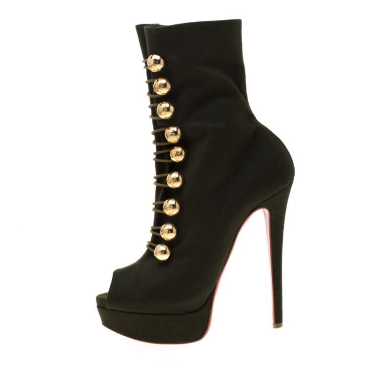 Pre Owned Christian Louboutin Green Fabric Peep Toe Platform Ankle Boots Size 37.5