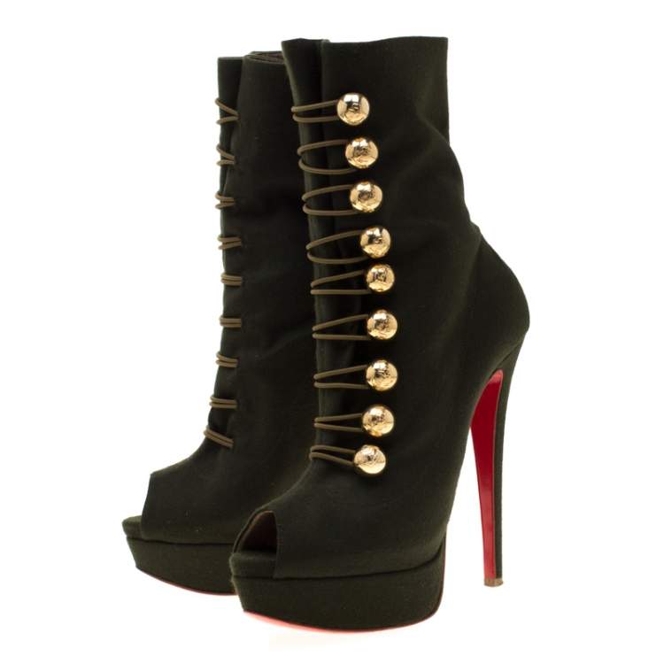 Pre Owned Christian Louboutin Green Fabric Peep Toe Platform Ankle Boots Size 37.5