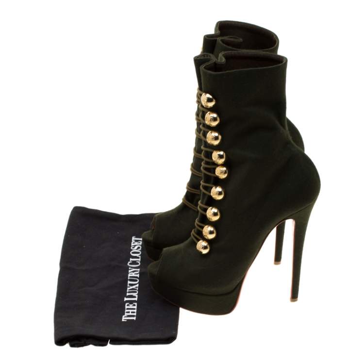 Pre Owned Christian Louboutin Green Fabric Peep Toe Platform Ankle Boots Size 37.5