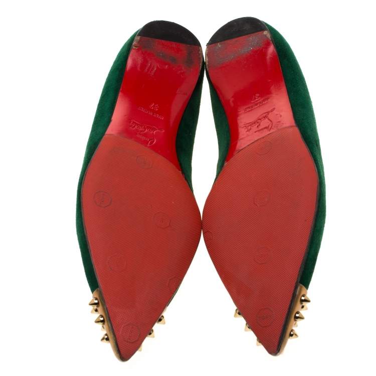 Pre Owned Christian Louboutin Geen Suede And Metallic Gold Spike Cap Toe Geo Pointed Toe Ballet Flats Size 37