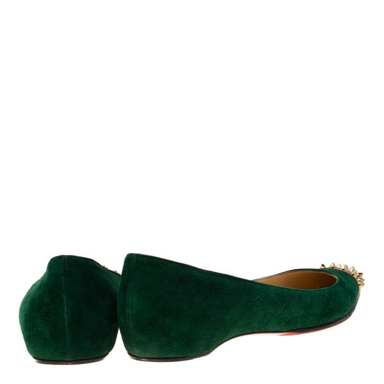 Pre Owned Christian Louboutin Geen Suede And Metallic Gold Spike Cap Toe Geo Pointed Toe Ballet Flats Size 37