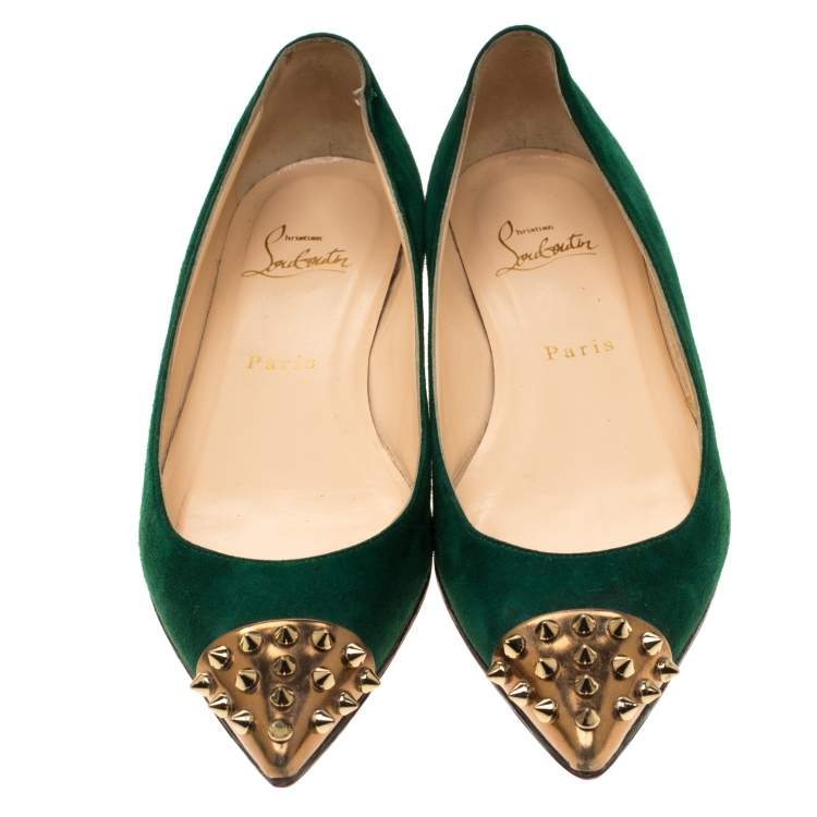 Pre Owned Christian Louboutin Geen Suede And Metallic Gold Spike Cap Toe Geo Pointed Toe Ballet Flats Size 37