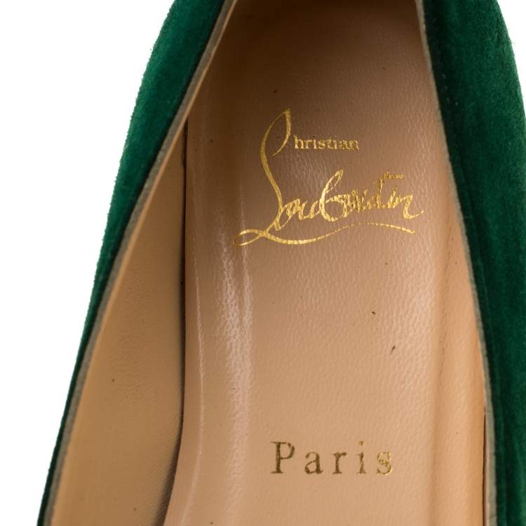 Pre Owned Christian Louboutin Geen Suede And Metallic Gold Spike Cap Toe Geo Pointed Toe Ballet Flats Size 37