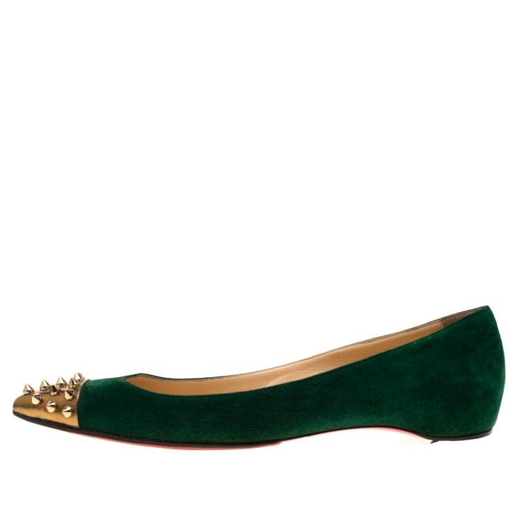 Pre Owned Christian Louboutin Geen Suede And Metallic Gold Spike Cap Toe Geo Pointed Toe Ballet Flats Size 37