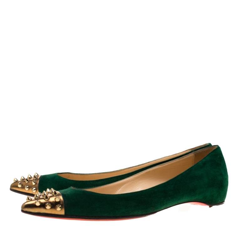 Pre Owned Christian Louboutin Geen Suede And Metallic Gold Spike Cap Toe Geo Pointed Toe Ballet Flats Size 37