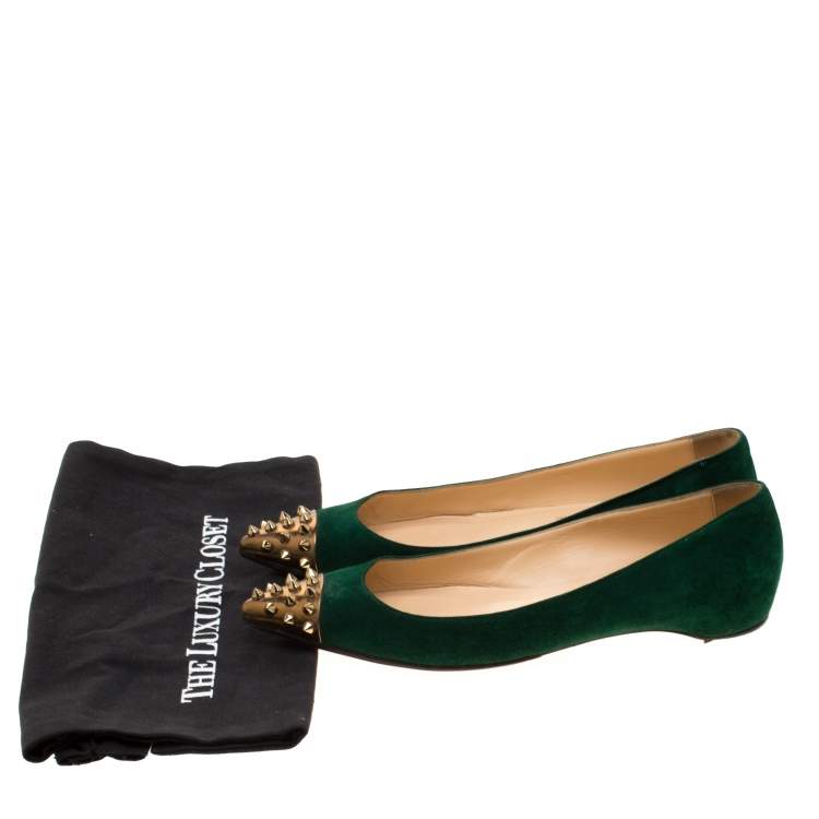 Pre Owned Christian Louboutin Geen Suede And Metallic Gold Spike Cap Toe Geo Pointed Toe Ballet Flats Size 37