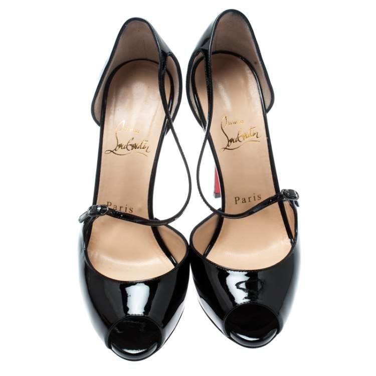 Pre Owned Christian Louboutin Black Patent Grolili Cross-Strap Dórsay Pumps Size 37