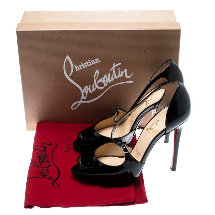 Pre Owned Christian Louboutin Black Patent Grolili Cross-Strap Dórsay Pumps Size 37