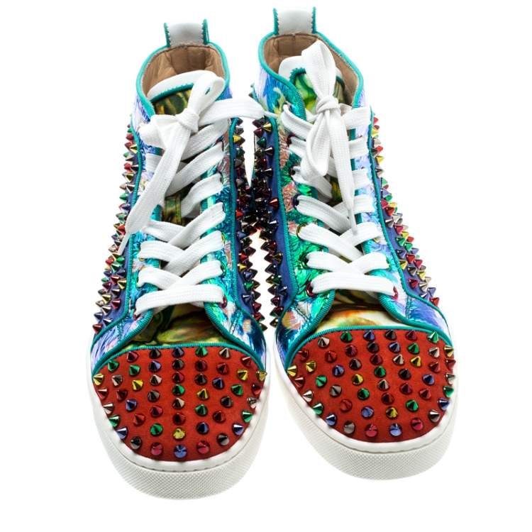 Pre Owned Christian Louboutin Multicolor Suede And Leather Louis Spikes High-Top Sneakers Size 40