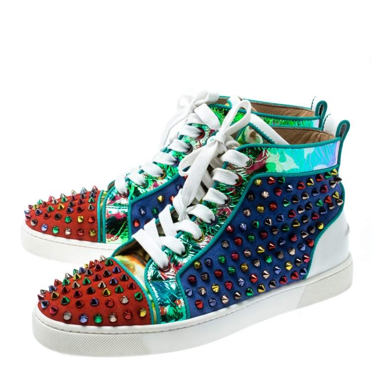 Pre Owned Christian Louboutin Multicolor Suede And Leather Louis Spikes High-Top Sneakers Size 40