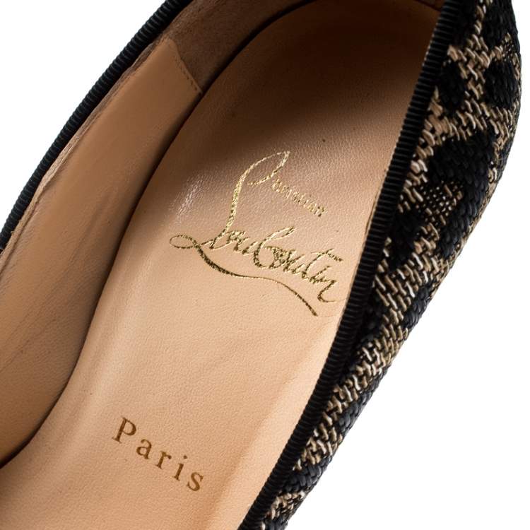 Pre Owned Christian Louboutin Two Tone Leopard Weave Raffia Daffodile Platform Pumps Size 37