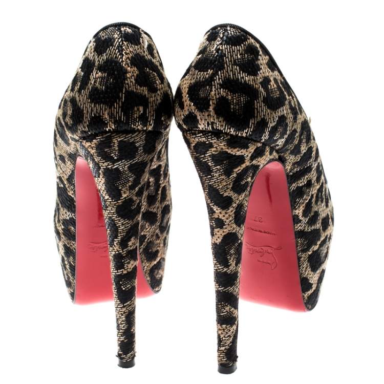 Pre Owned Christian Louboutin Two Tone Leopard Weave Raffia Daffodile Platform Pumps Size 37