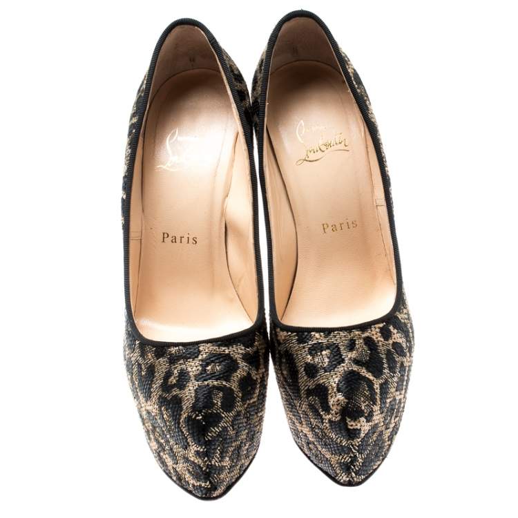 Pre Owned Christian Louboutin Two Tone Leopard Weave Raffia Daffodile Platform Pumps Size 37