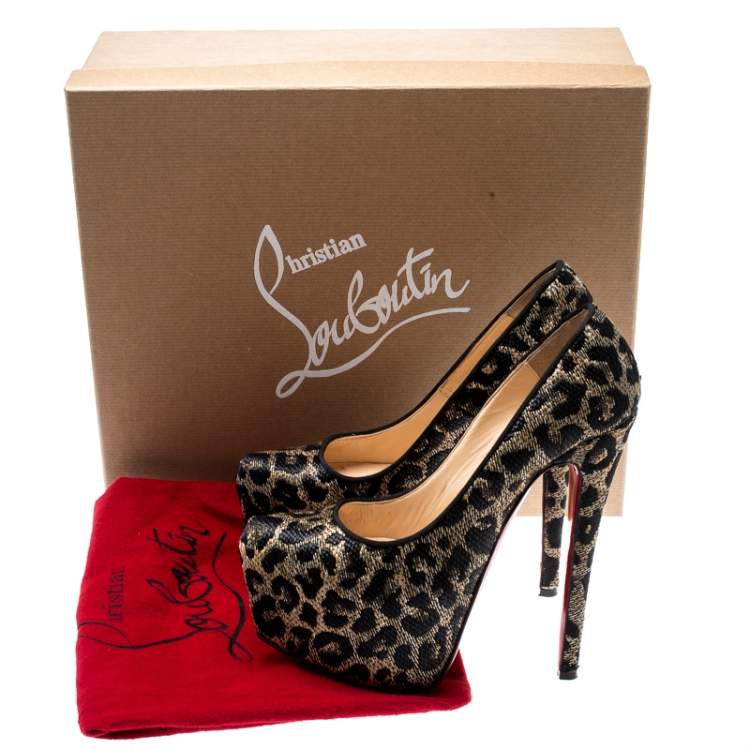 Pre Owned Christian Louboutin Two Tone Leopard Weave Raffia Daffodile Platform Pumps Size 37