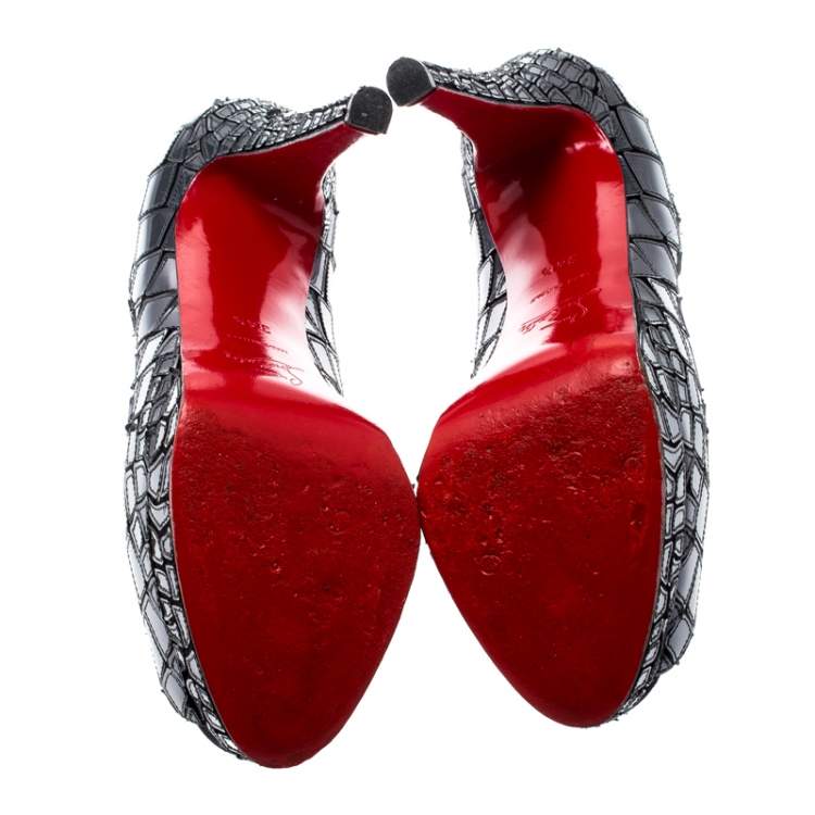 Pre Owned Christian Louboutin Grey Mirror Leather/Satin Mosaic 'Sobek 140' Peep Toe Platform Pumps Size 36.5