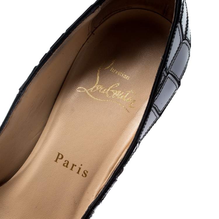 Pre Owned Christian Louboutin Grey Mirror Leather/Satin Mosaic 'Sobek 140' Peep Toe Platform Pumps Size 36.5