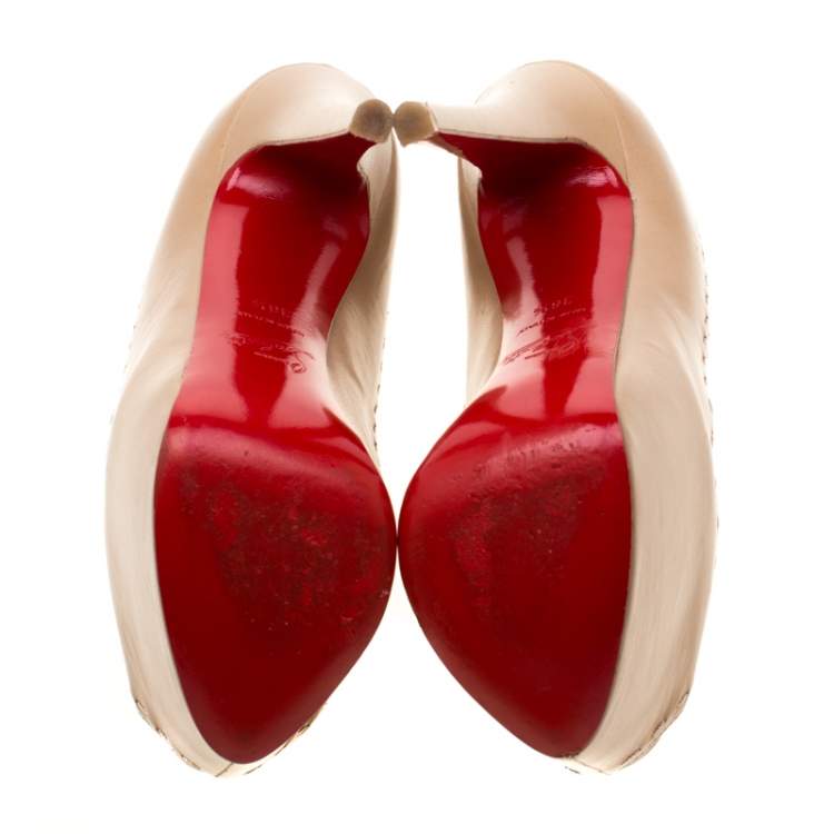 مملوكة مسبقًا Christian Louboutin Beige Leather Zoulou Platform Peep Toe Cage Sandals Size 36.5