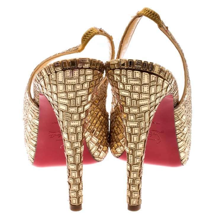 Pre Owned Christian Louboutin Metallic Gold Mirror And Satin Prive Mosaique Peep Toe Pump Size 41
