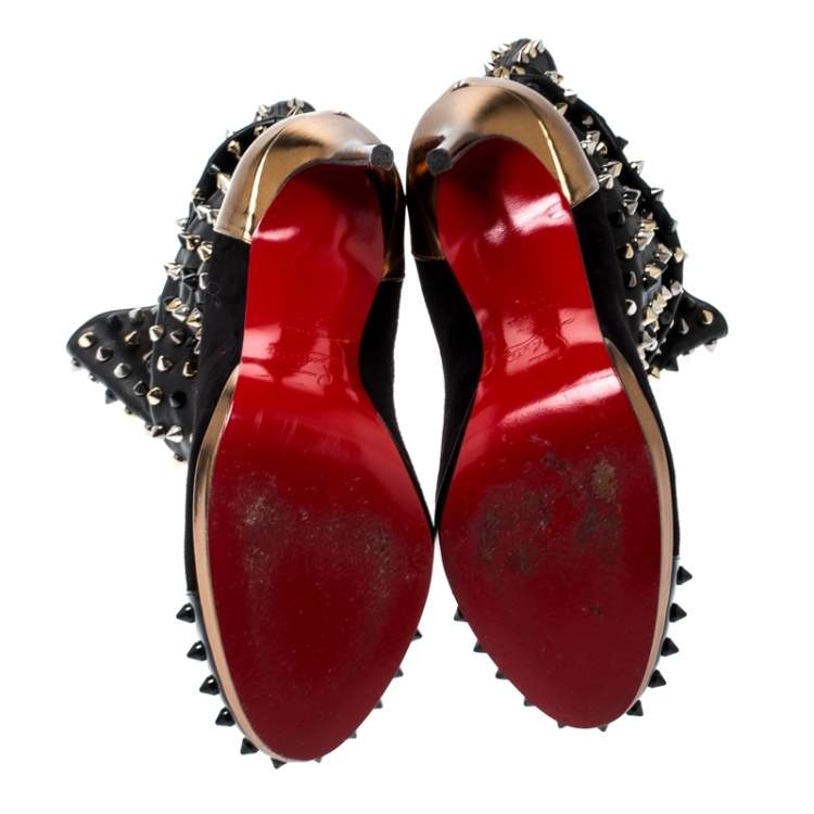 Pre Owned Christian Louboutin Black Patent Leather And Suede Spike Wars Ankle Boots Size 37.5