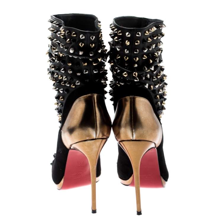 Pre Owned Christian Louboutin Black Patent Leather And Suede Spike Wars Ankle Boots Size 37.5