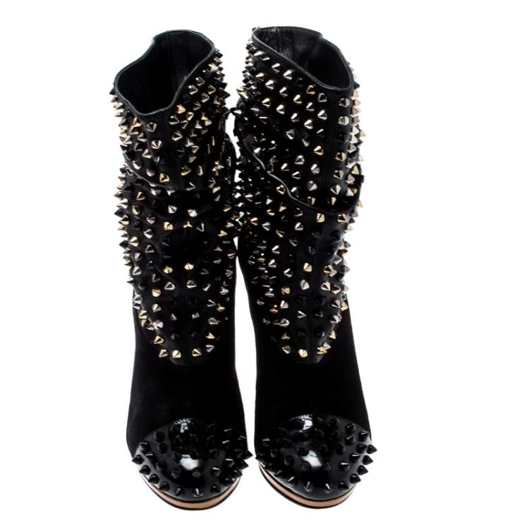Pre Owned Christian Louboutin Black Patent Leather And Suede Spike Wars Ankle Boots Size 37.5