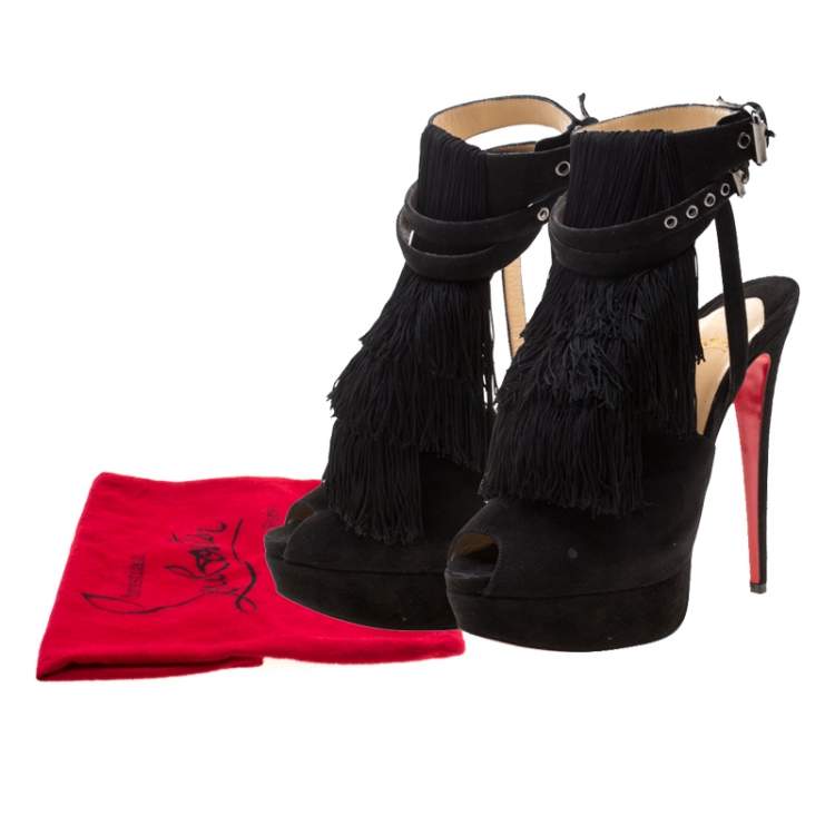Pre Owned Christian Louboutin Black Suede Change Of The Guard Cross Strap Ankle Sandals Size 37.5