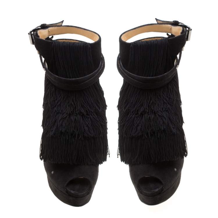 Pre Owned Christian Louboutin Black Suede Change Of The Guard Cross Strap Ankle Sandals Size 37.5