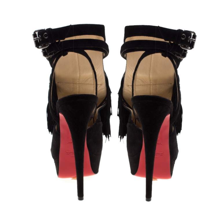 Pre Owned Christian Louboutin Black Suede Change Of The Guard Cross Strap Ankle Sandals Size 37.5
