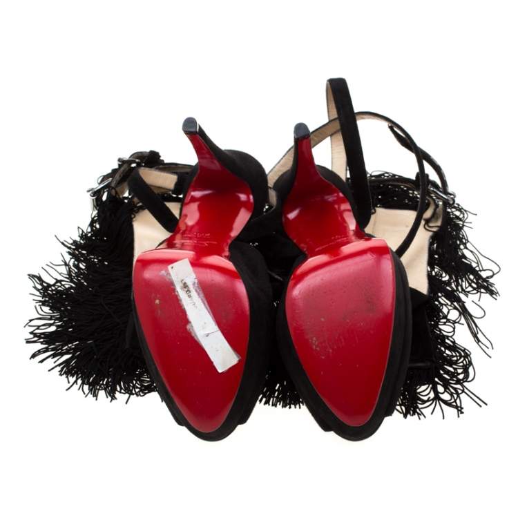 Pre Owned Christian Louboutin Black Suede Change Of The Guard Cross Strap Ankle Sandals Size 37.5
