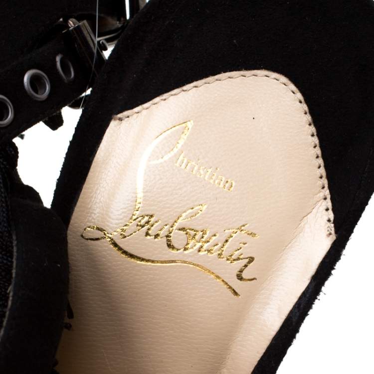 Pre Owned Christian Louboutin Black Suede Change Of The Guard Cross Strap Ankle Sandals Size 37.5